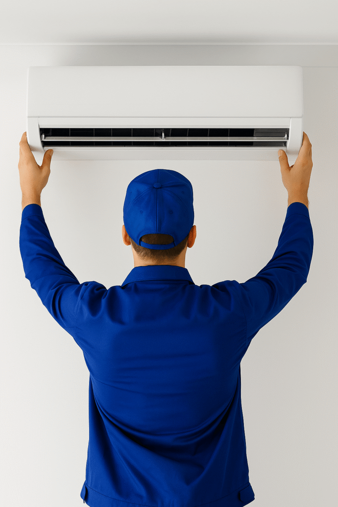hombre de uniforme azul instalando un aire acondicionado